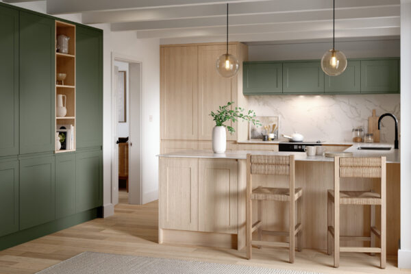Bella elland supermatt smoke green and light vicenza oak kitchen scaled