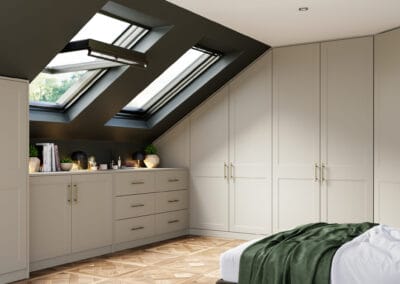 Bella rowen supermatt taupe grey bedroom with sloping doors scaled
