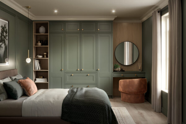 Bella tullymore supermatt smoke green and urban oak bedroom scaled