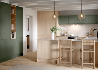 Bella elland supermatt smoke green and light vicenza oak kitchen