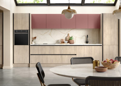 Bella venice cremona oak cotta and supermatt rusty red kitchen inrail