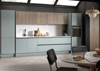 Bella venice supermatt duck egg and grey vicenza oak kitchen inrail