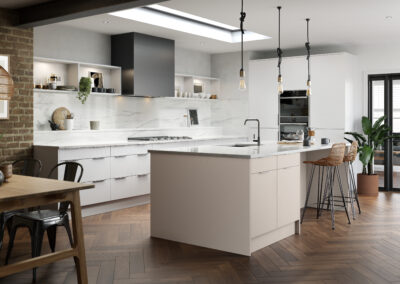 Valore linear white and linear champagne kitchen