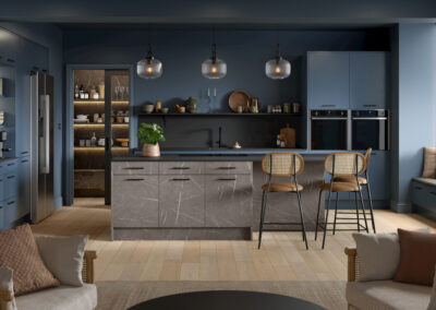 Valore matt alby blue and marmo patagonia kitchen