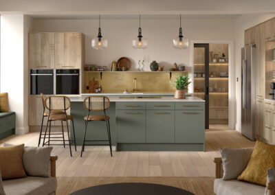 Valore natural chalet oak and matt smoke green kitchen