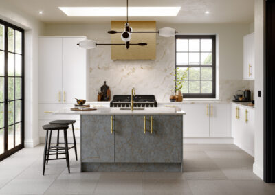 Valore porcelain gold grey and matt snow white kitchen
