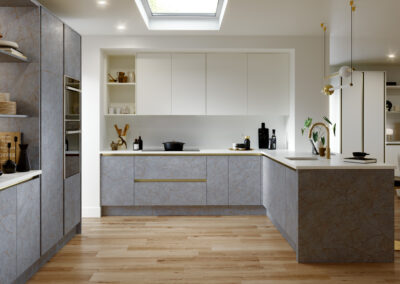 Valore porcelain gold grey and matt snow white kitchen inrail